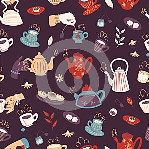 Tea Seamless Pattern with Cups and Pots. Hand Drawn Vector Illustration.